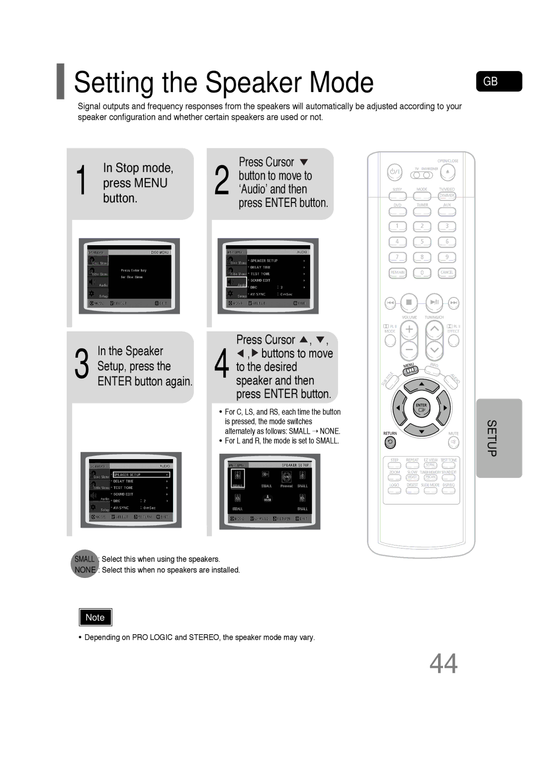 Samsung HT-P30 instruction manual Setting the Speaker Mode, Press Enter button Press Cursor 