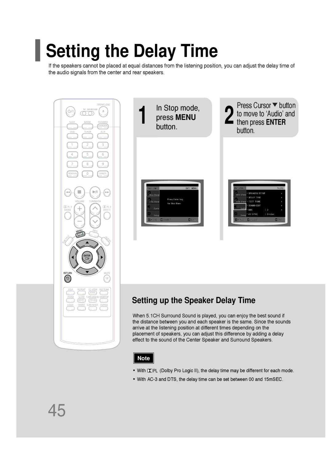 Samsung HT-P30 instruction manual Setting the Delay Time, Press Cursor button 