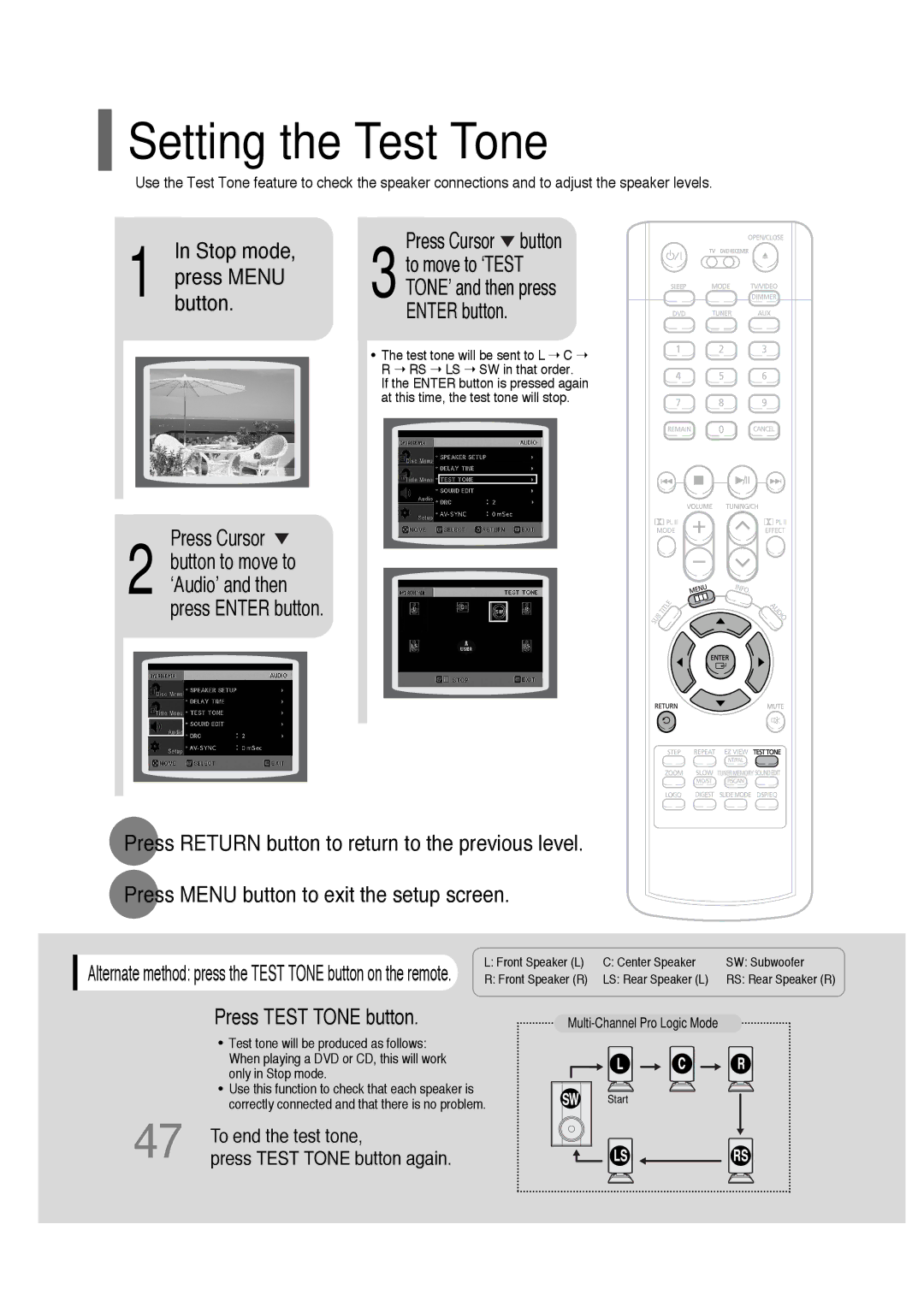 Samsung HT-P30 instruction manual Setting the Test Tone, Press Enter button Press Cursor button, Press Test Tone button 