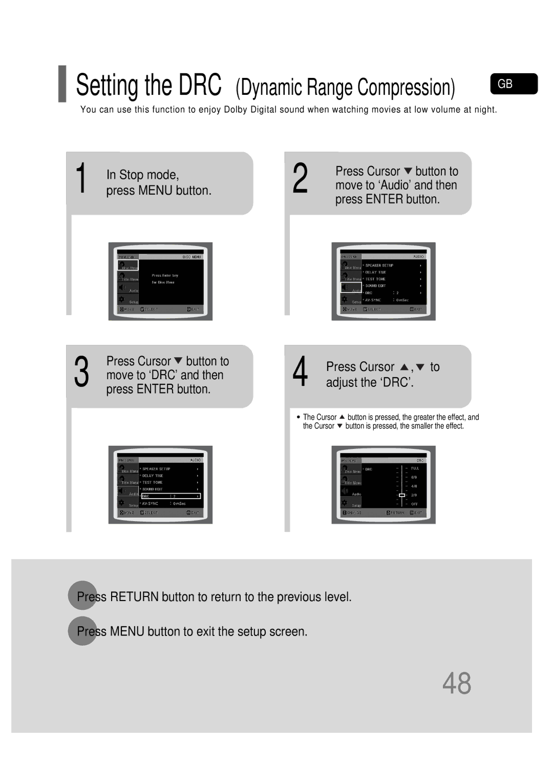 Samsung HT-P30 instruction manual Press Menu button, Press Cursor , to adjust the ‘DRC’ 