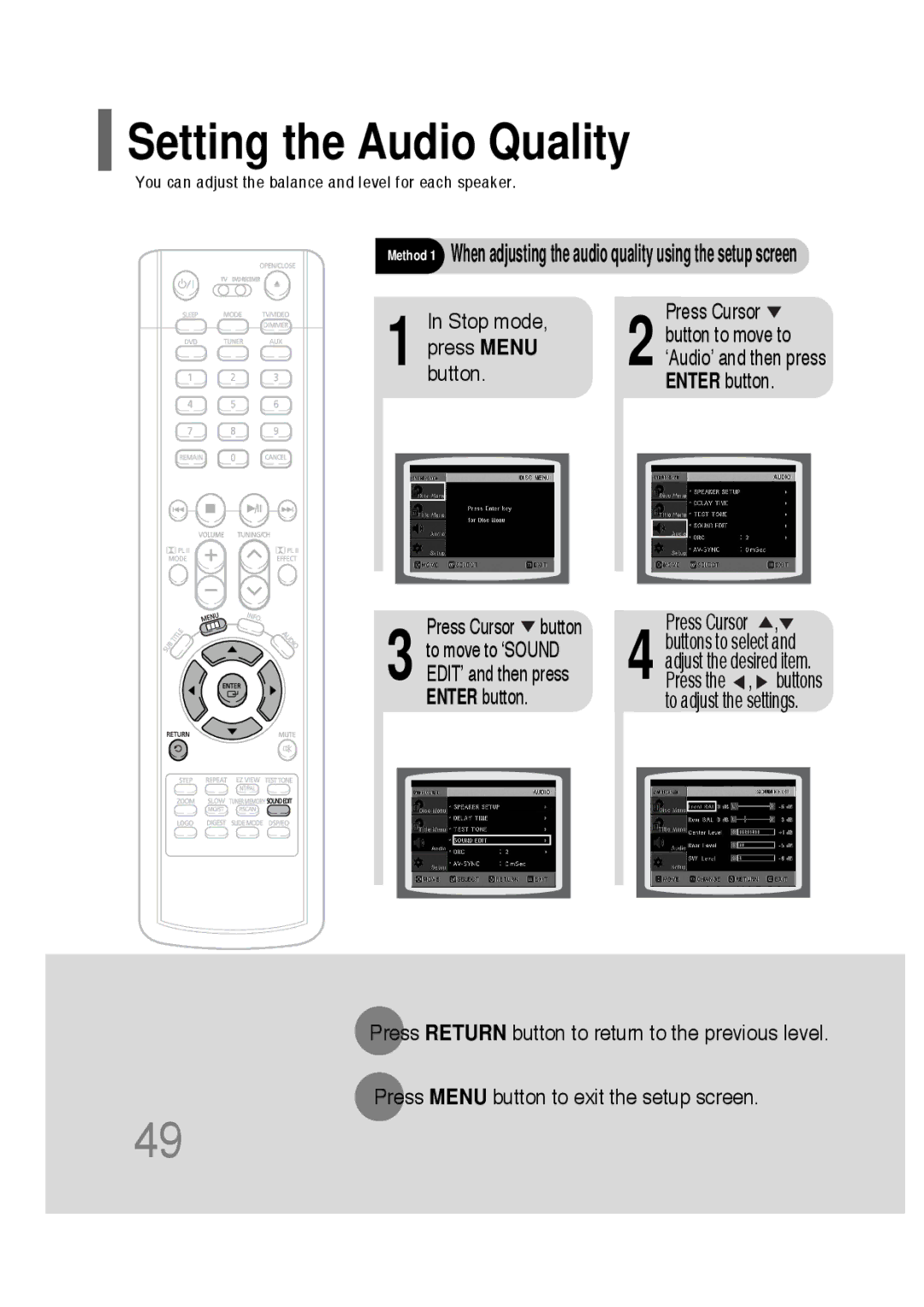 Samsung HT-P30 instruction manual Setting the Audio Quality, Stop mode Press Cursor 