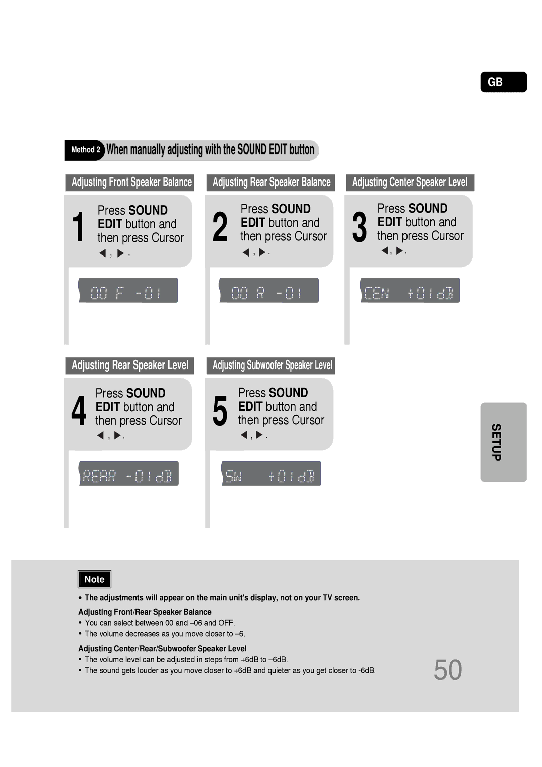 Samsung HT-P30 instruction manual Method 2 When manually adjusting with the Sound Edit button, Press Sound 