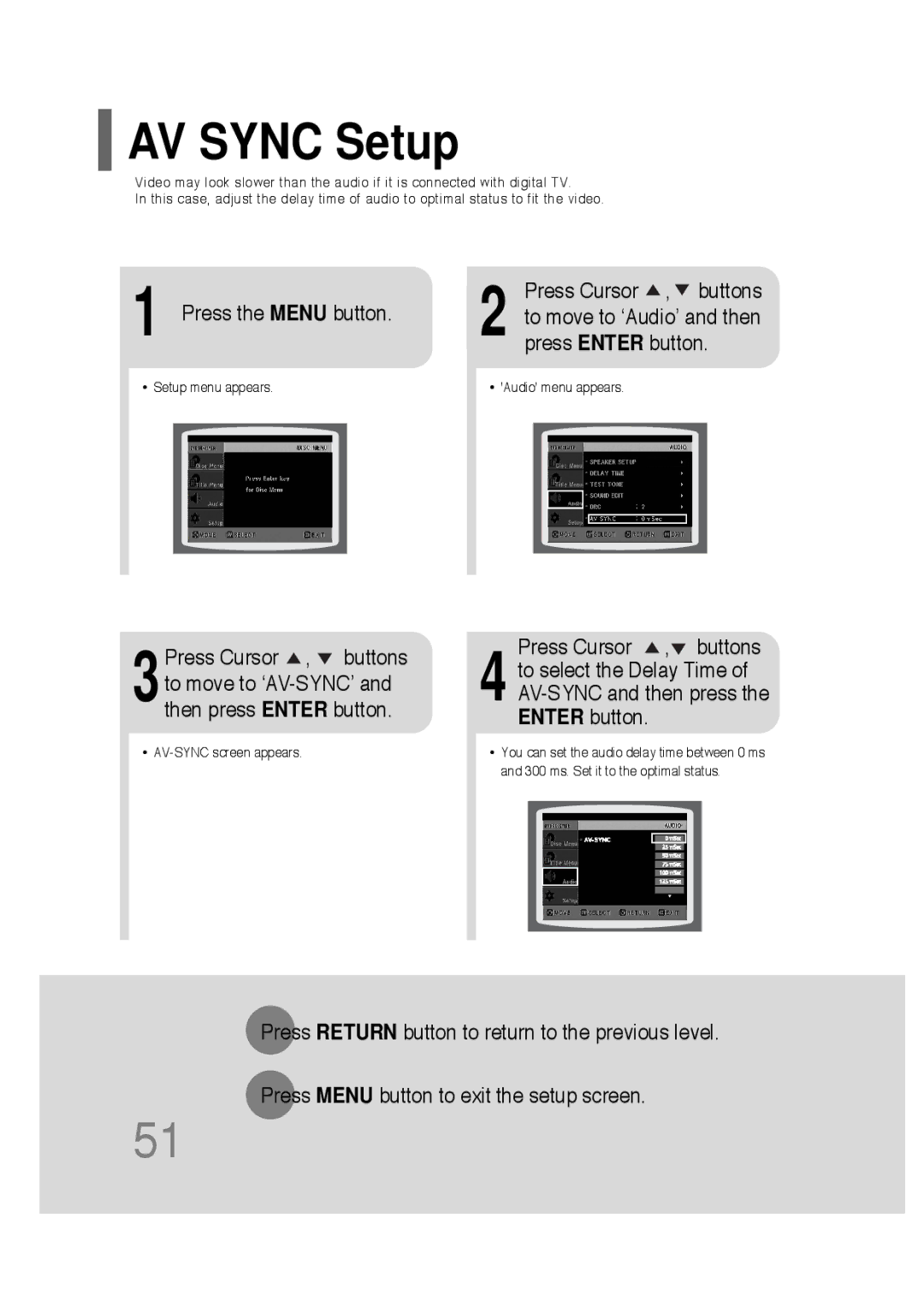 Samsung HT-P30 instruction manual AV Sync Setup, Press the Menu button, Press Cursor , buttons 