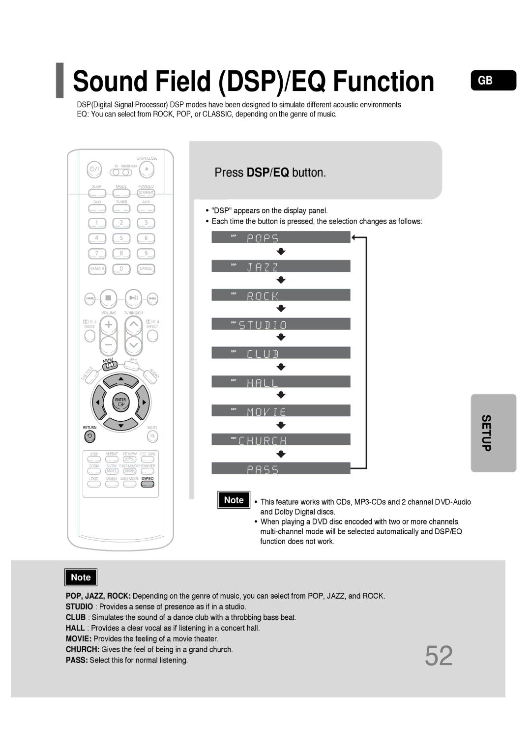 Samsung HT-P30 instruction manual Sound Field DSP/EQ Function, Press DSP/EQ button 