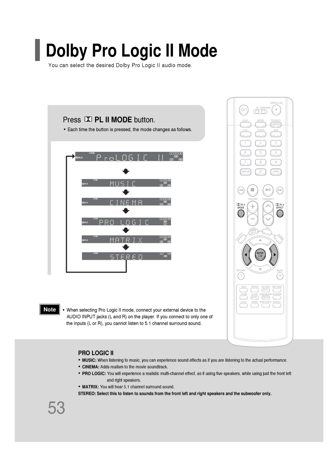 Samsung HT-P30 instruction manual Dolby Pro Logic II Mode, Press PL II Mode button 