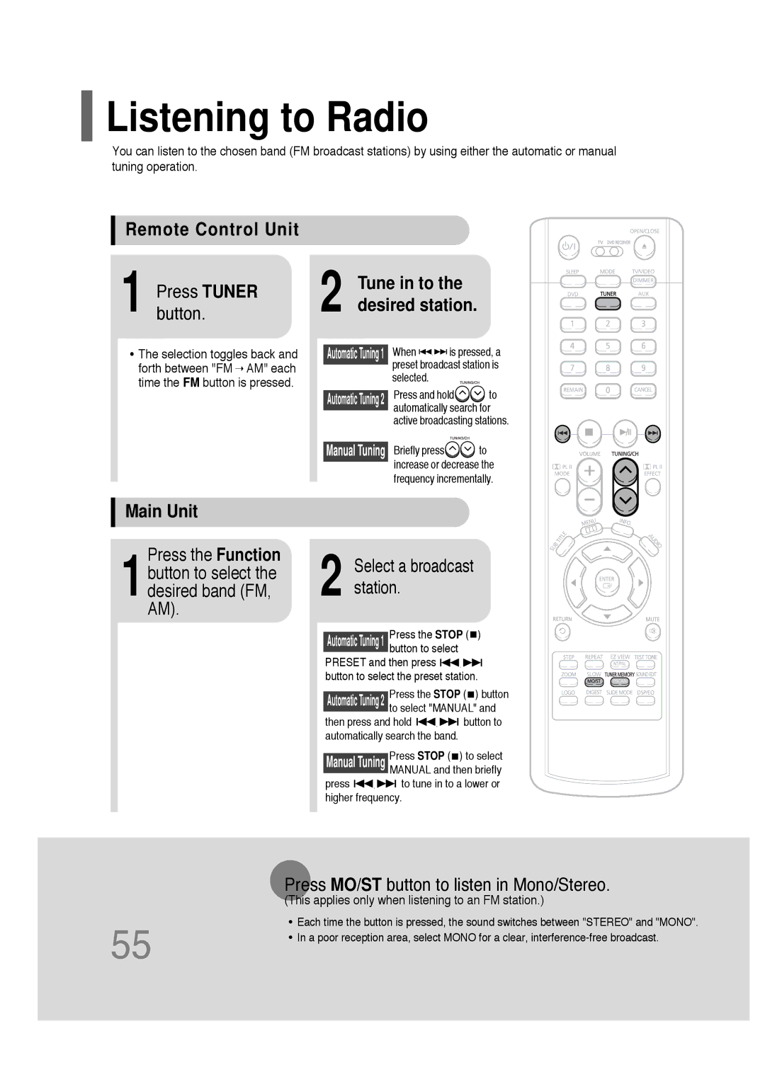 Samsung HT-P30 Listening to Radio, Remote Control Unit, Main Unit, Press MO/ST button to listen in Mono/Stereo 