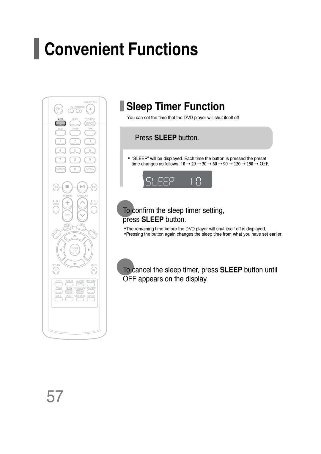 Samsung HT-P30 Convenient Functions, Press Sleep button, To confirm the sleep timer setting, press Sleep button 