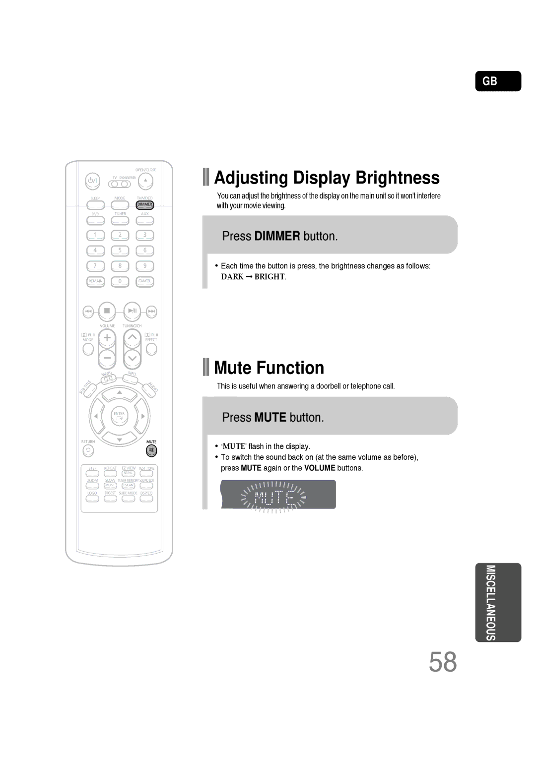 Samsung HT-P30 instruction manual Press Dimmer button, Press Mute button 