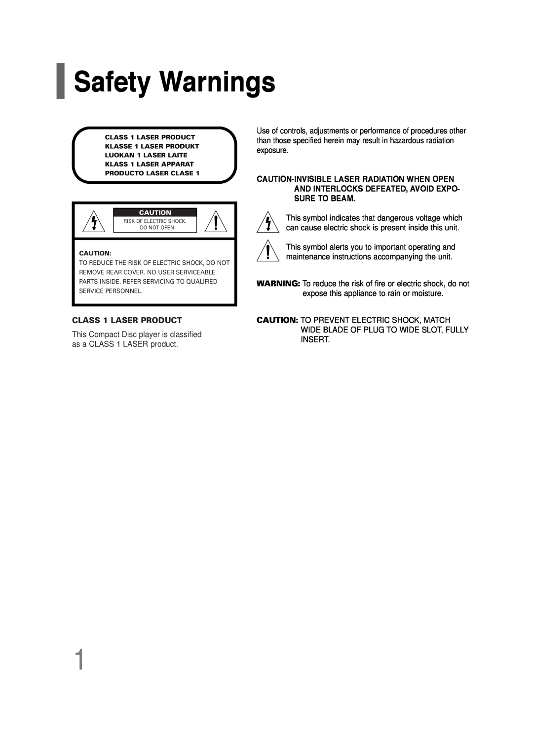 Samsung HT-P30 instruction manual Safety Warnings, CLASS 1 LASER PRODUCT 