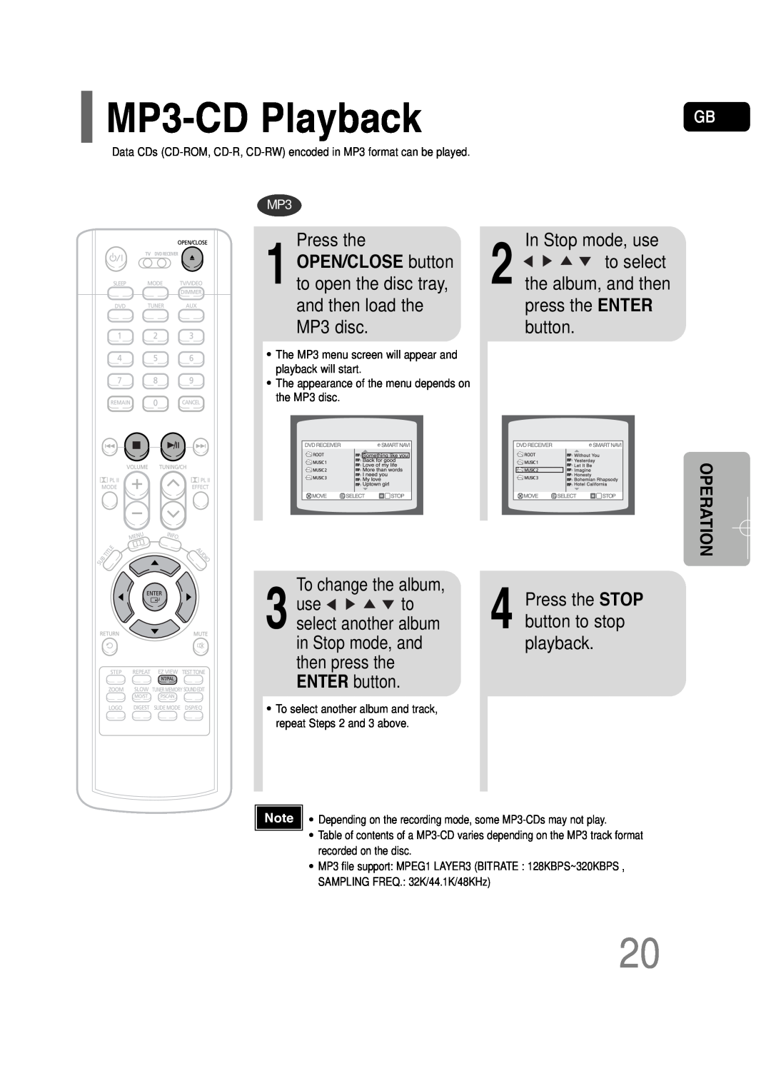 Samsung HT-P30 MP3-CDPlayback, Press the, In Stop mode, use 2 to select the album, and then, press the ENTER button 