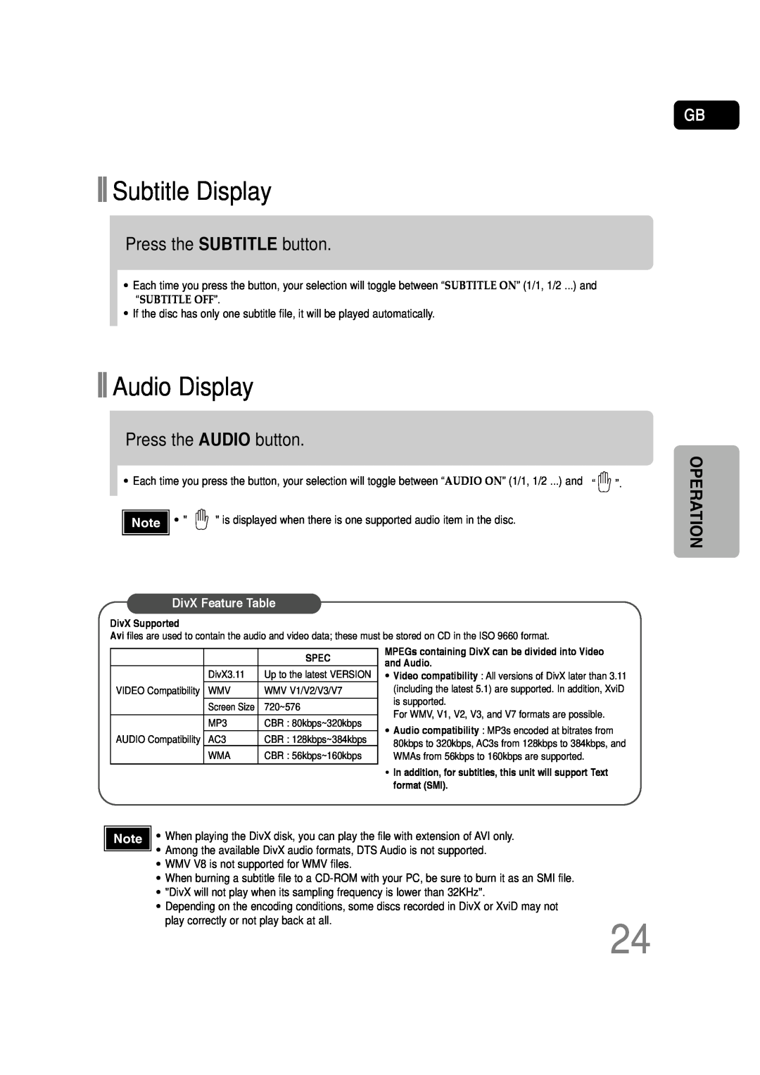Samsung HT-P30 Subtitle Display, Audio Display, Press the SUBTITLE button, Press the AUDIO button, DivX Feature Table 