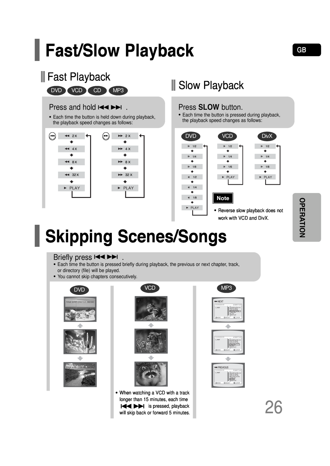 Samsung HT-P30 Fast/Slow Playback, Skipping Scenes/Songs, Fast Playback, Press and hold, Press SLOW button, Briefly press 