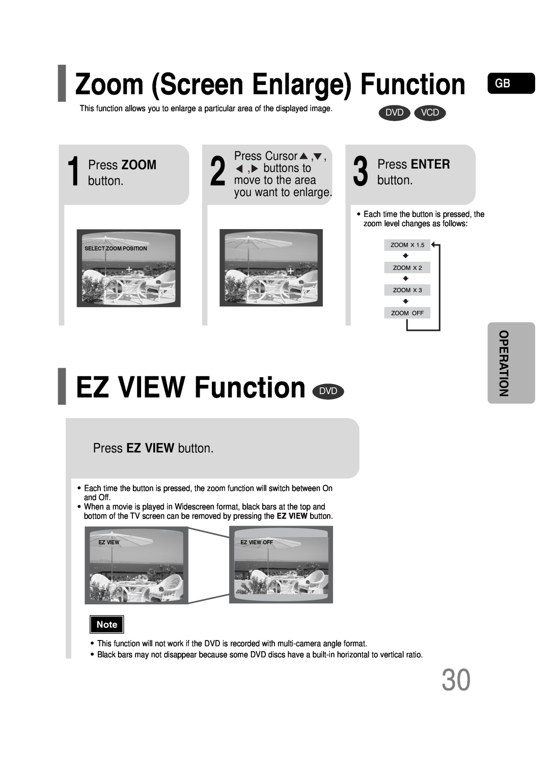 Samsung HT-P30 instruction manual EZ VIEW Function DVD, Press EZ VIEW button, Press ZOOM button, Press ENTER button 