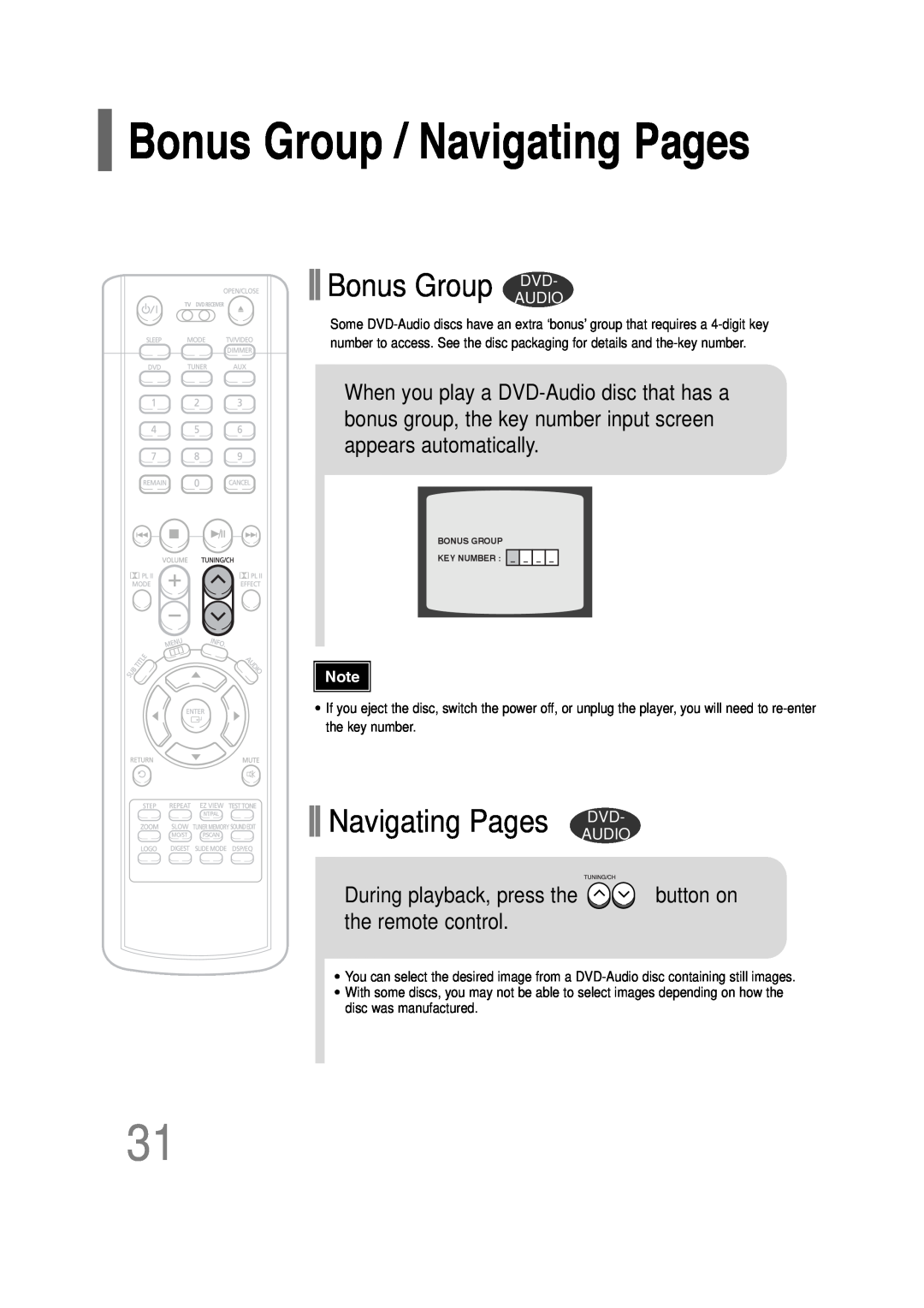 Samsung HT-P30 Bonus Group / Navigating Pages, Bonus Group DVD, the remote control, During playback, press the, button on 