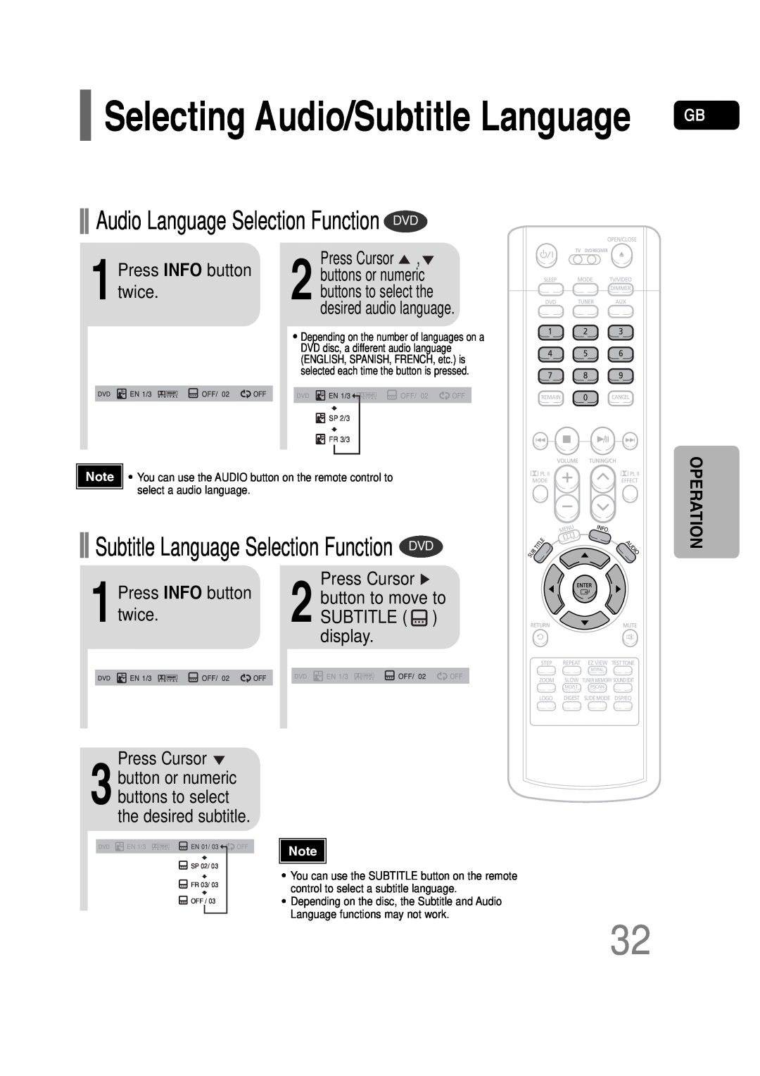 Samsung HT-P30 Audio Language Selection Function DVD, Subtitle Language Selection Function DVD, 1Press INFO button twice 