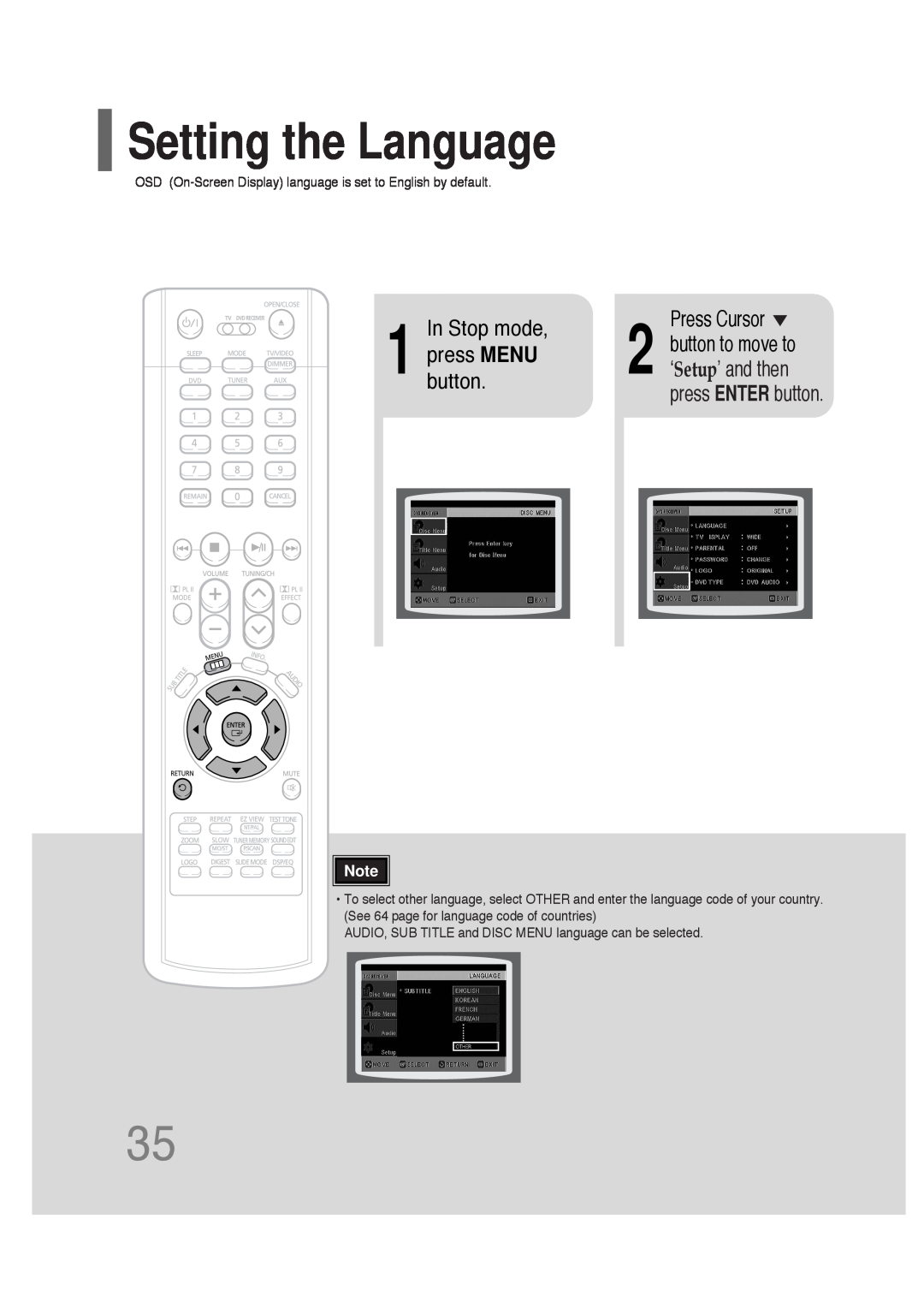 Samsung HT-P30 Setting the Language, Stop mode, button.press MENU, Press Cursor, ‘Setup’ and then, button to move to 