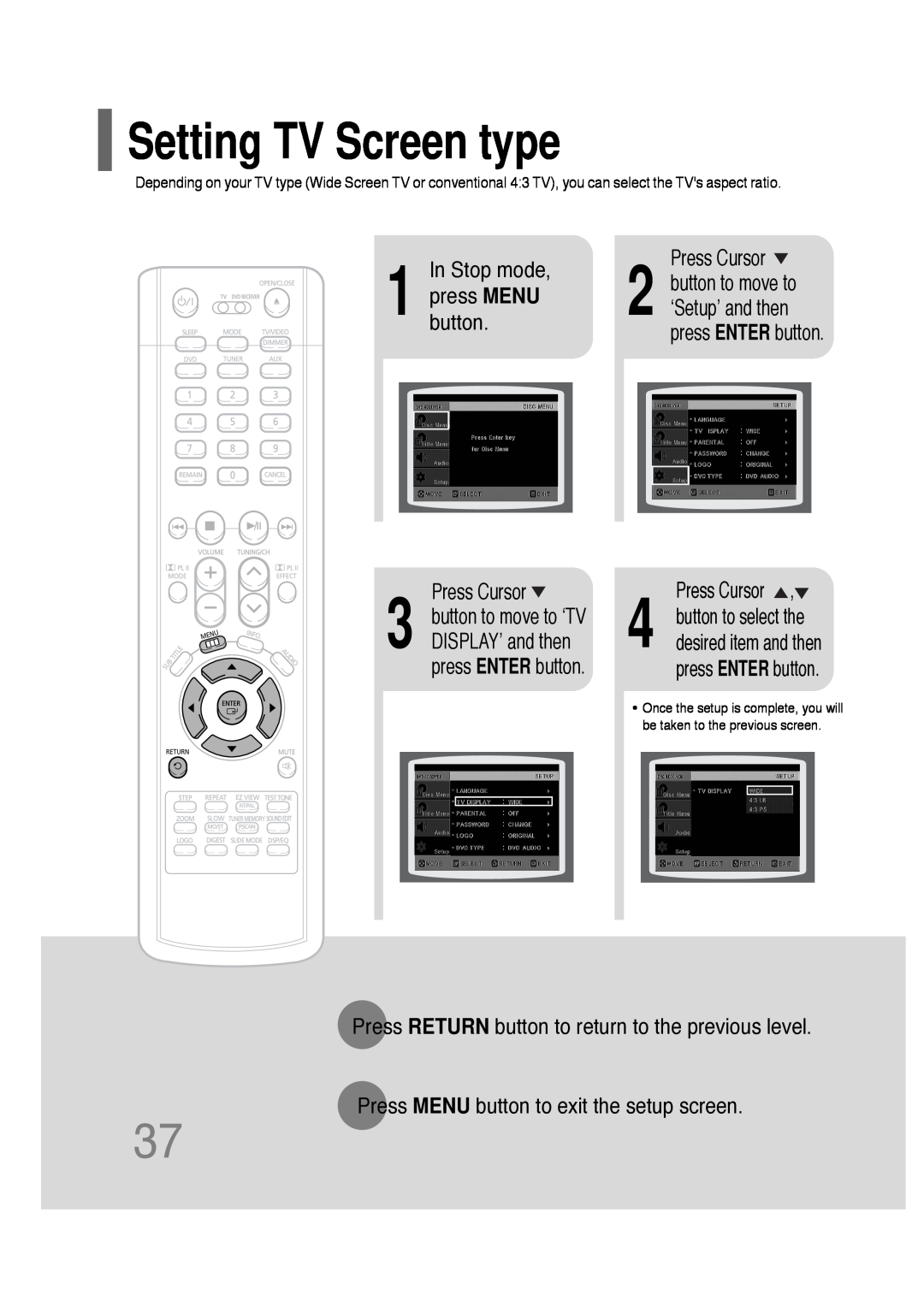 Samsung HT-P30 instruction manual Setting TV Screen type, pressbutton.MENU, In Stop mode, press ENTER button 