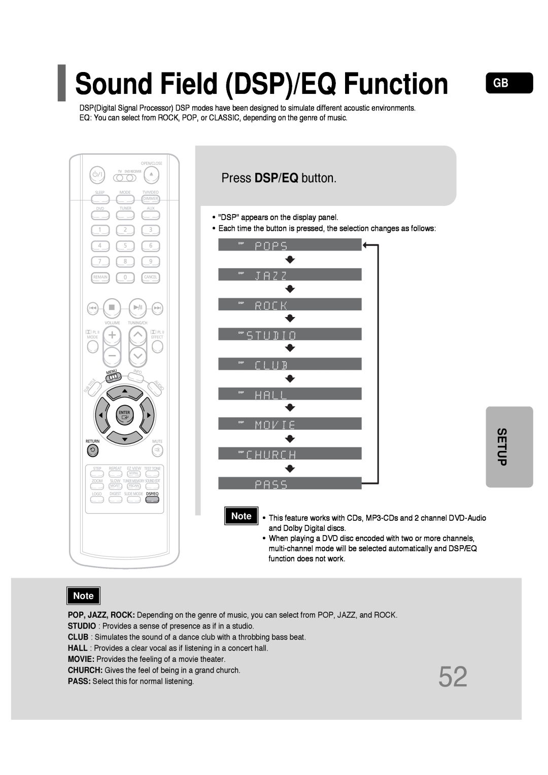 Samsung HT-P30 instruction manual Press DSP/EQ button, Sound Field DSP/EQ Function 