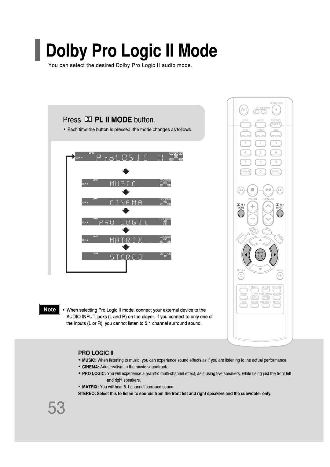 Samsung HT-P30 instruction manual Dolby Pro Logic II Mode, Press PL II MODE button 
