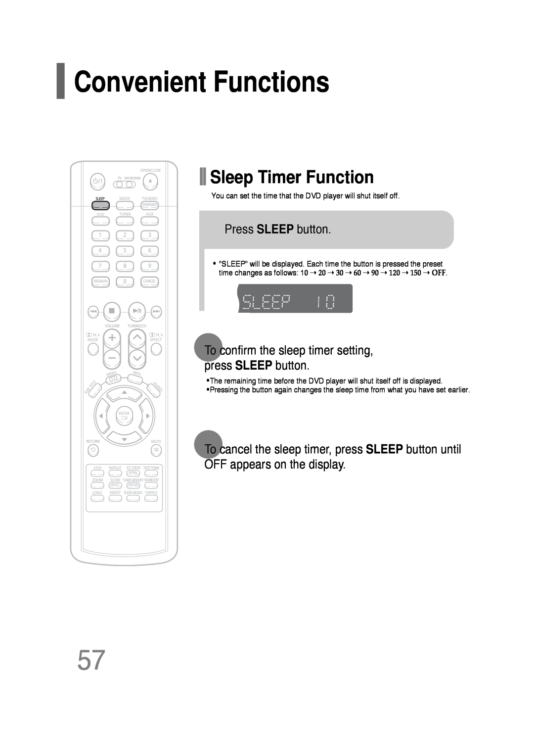 Samsung HT-P30 Convenient Functions, Sleep Timer Function, Press SLEEP button, OFF appears on the display 