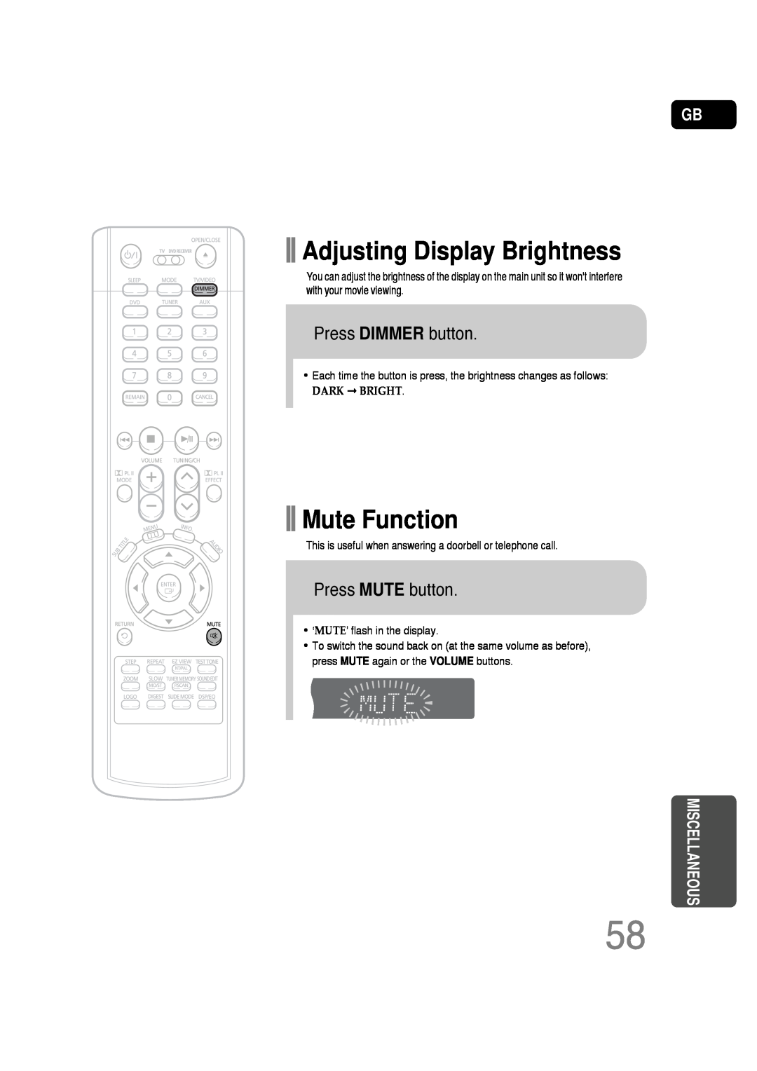 Samsung HT-P30 Adjusting Display Brightness, Mute Function, Press DIMMER button, Press MUTE button, Miscellaneous 