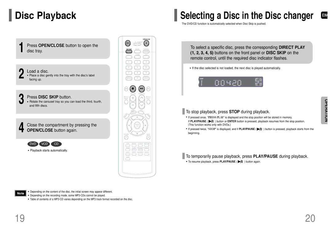 Samsung HT-P38 Disc Playback, Press OPEN/CLOSE button to open the disc tray Load a disc, Press Disc Skip button 