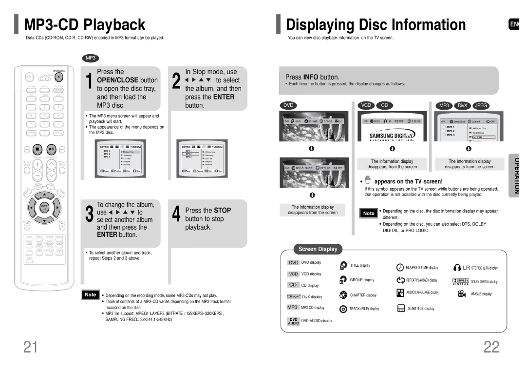 Samsung HT-P38 MP3-CD Playback, Press, OPEN/CLOSE button to open the disc tray, and then load, MP3 disc, Button 