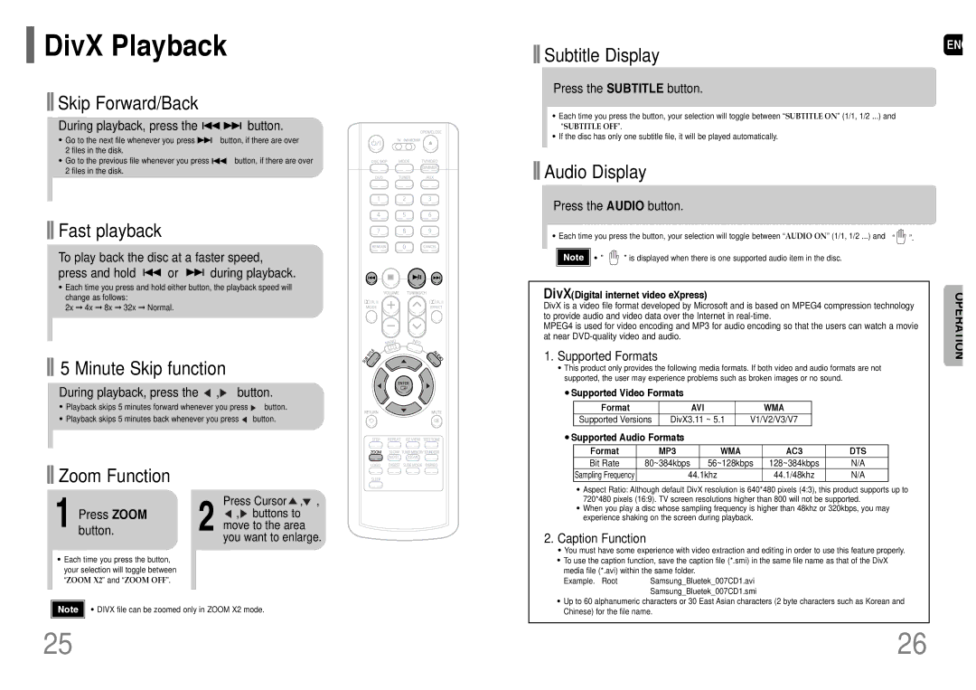 Samsung HT-P38 instruction manual DivX Playback 