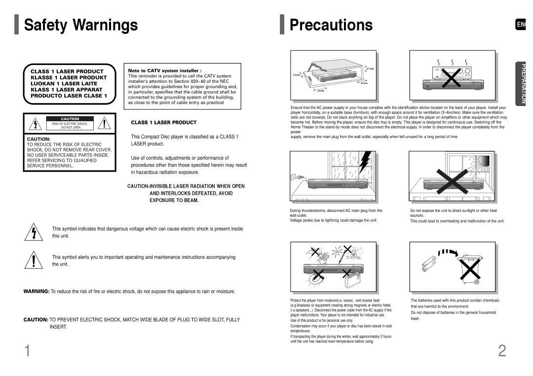 Samsung HT-P38 instruction manual Safety Warnings PrecautionsENG, Class 1 Laser Product 