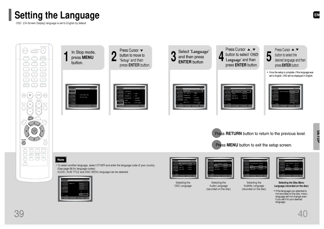 Samsung HT-P38 Setting the Language, Stop mode Press Menu button, Select ‘Language’ Then press Enter button 