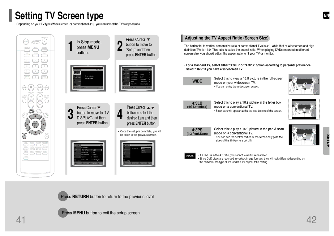 Samsung HT-P38 instruction manual Stop mode, Adjusting the TV Aspect Ratio Screen Size, 43LB, 43PS 