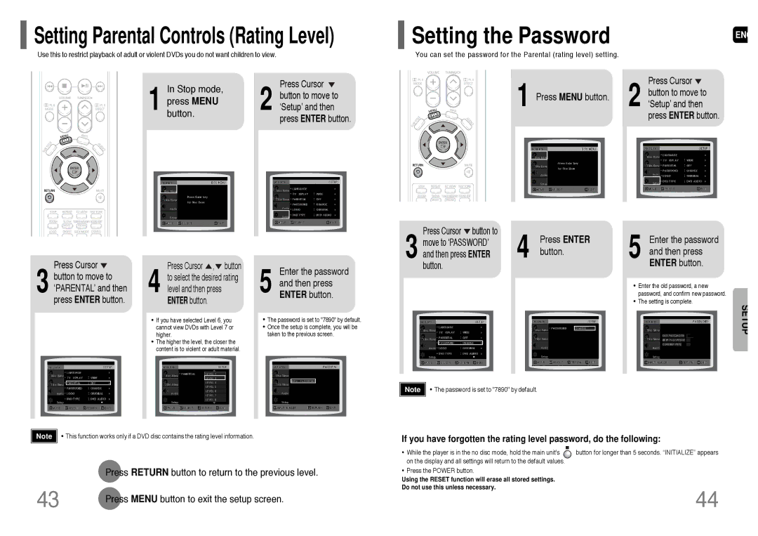 Samsung HT-P38 Setting the Password, Press Menu button, Press Enter button Enter the password and then press 