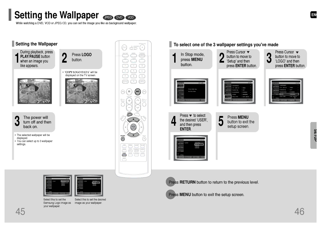 Samsung HT-P38 instruction manual Setting the Wallpaper Jpeg DVD VCD, To select one of the 3 wallpaper settings youve made 