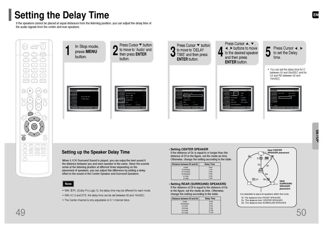 Samsung HT-P38 instruction manual Setting the Delay Time, Setting up the Speaker Delay Time 