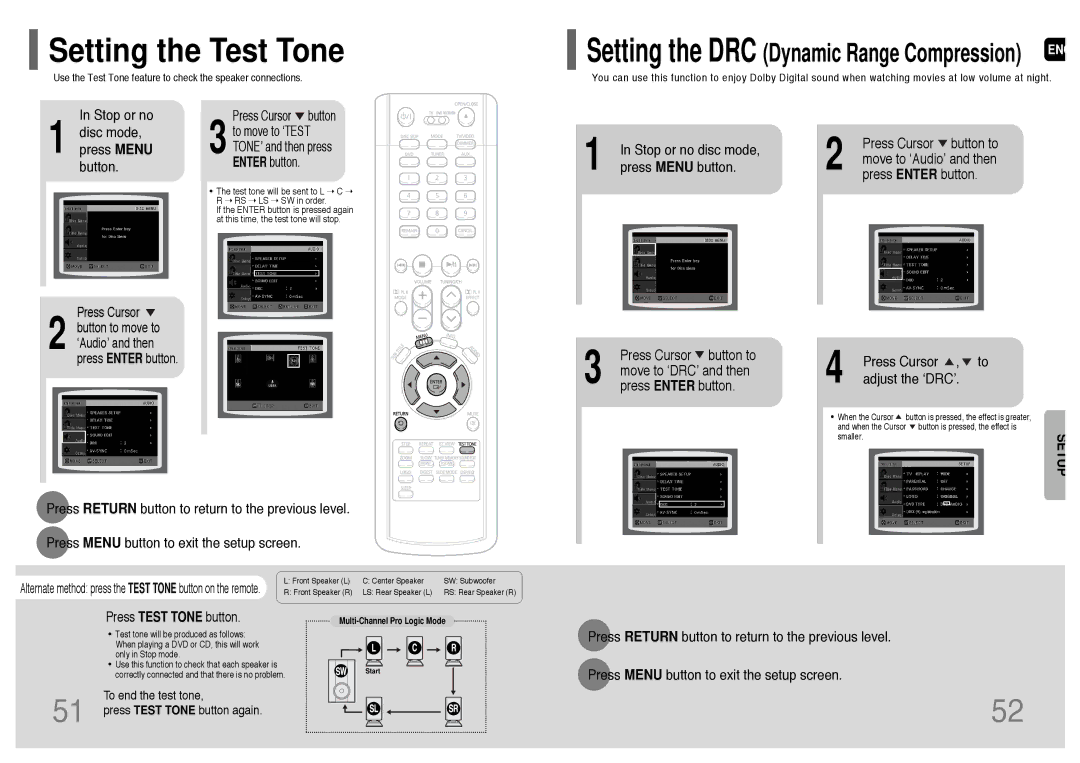 Samsung HT-P38 instruction manual Setting the Test Tone 