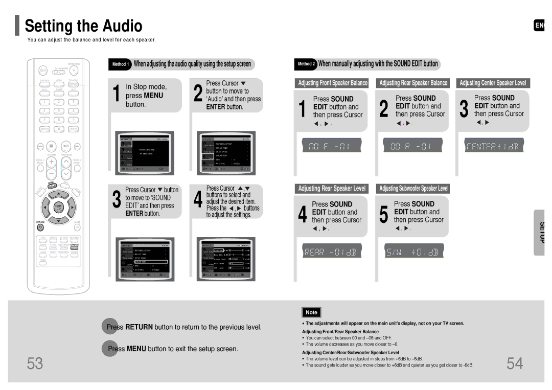 Samsung HT-P38 instruction manual Setting the Audio, Press Sound Edit button and then press Cursor 