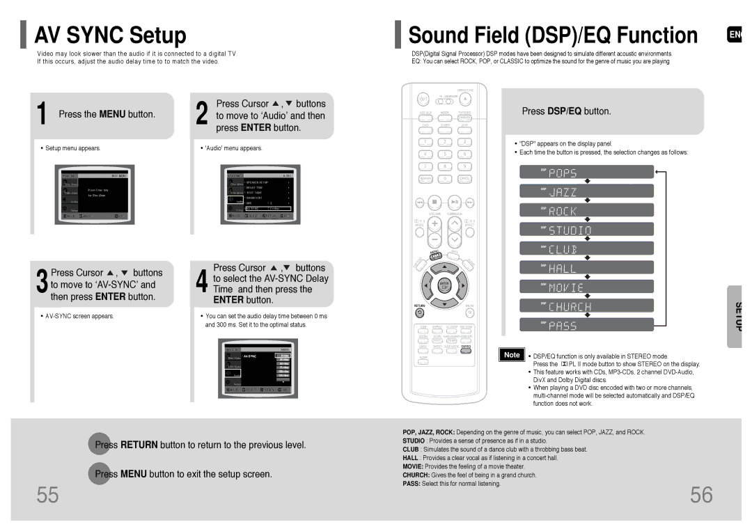 Samsung HT-P38 instruction manual AV Sync Setup, Press DSP/EQ button 