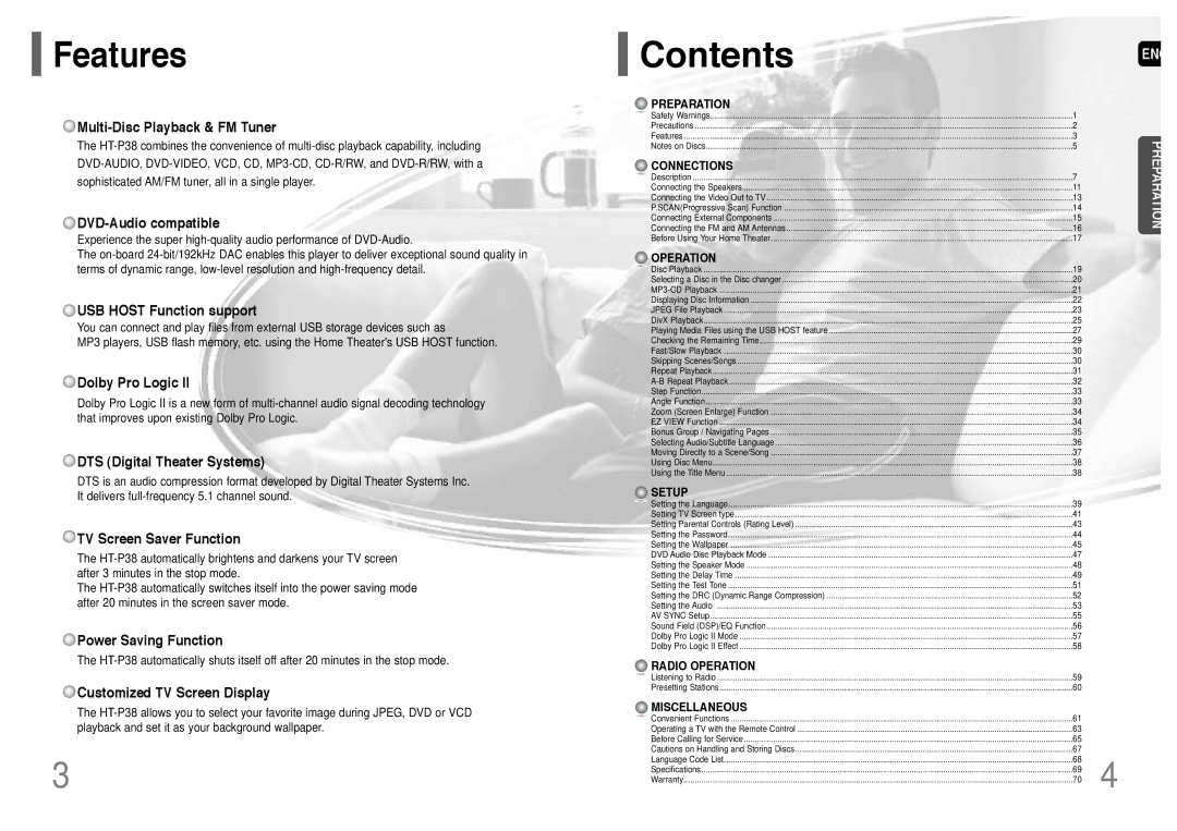 Samsung HT-P38 instruction manual Contents 