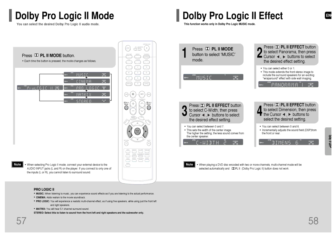 Samsung HT-P38 Dolby Pro Logic II Mode, Press PL II Mode button, Button to select ‘MUSIC’, Press PL II Effect button 