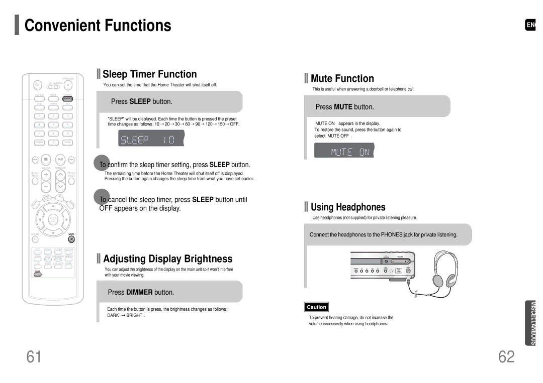 Samsung HT-P38 Convenient Functions, Press Sleep button, To confirm the sleep timer setting, press Sleep button 