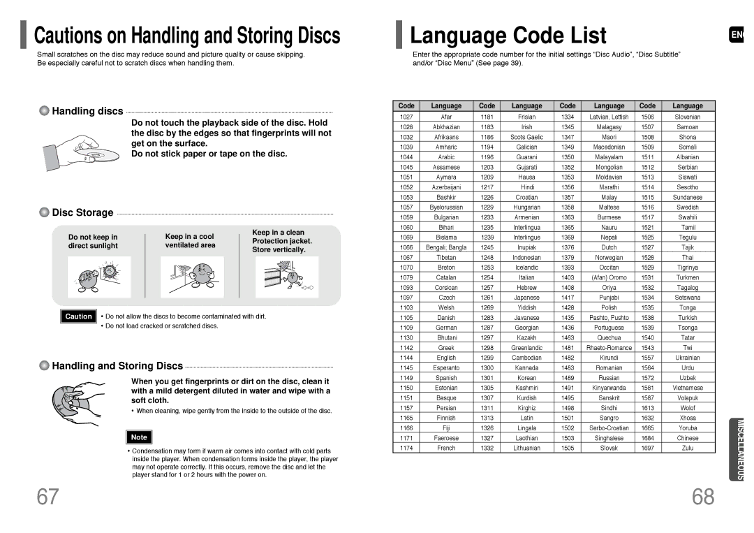 Samsung HT-P38 instruction manual Language Code List, Disc Storage 