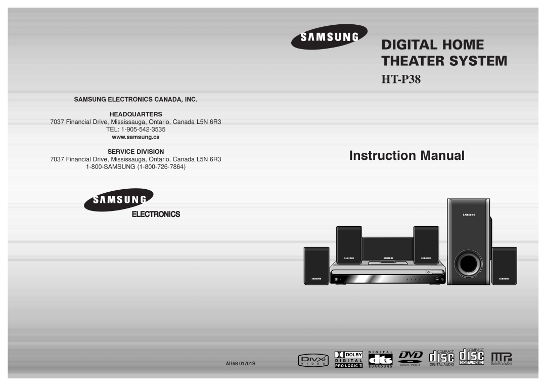 Samsung HT-P38 instruction manual Digital Home Theater System, Samsung Electronics Canada, Inc Headquarters, Tel 