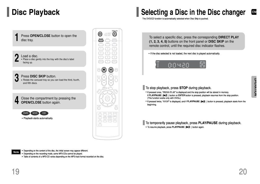 Samsung HT-P38 instruction manual Disc Playback, Operation, Selecting a Disc in the Disc changer 