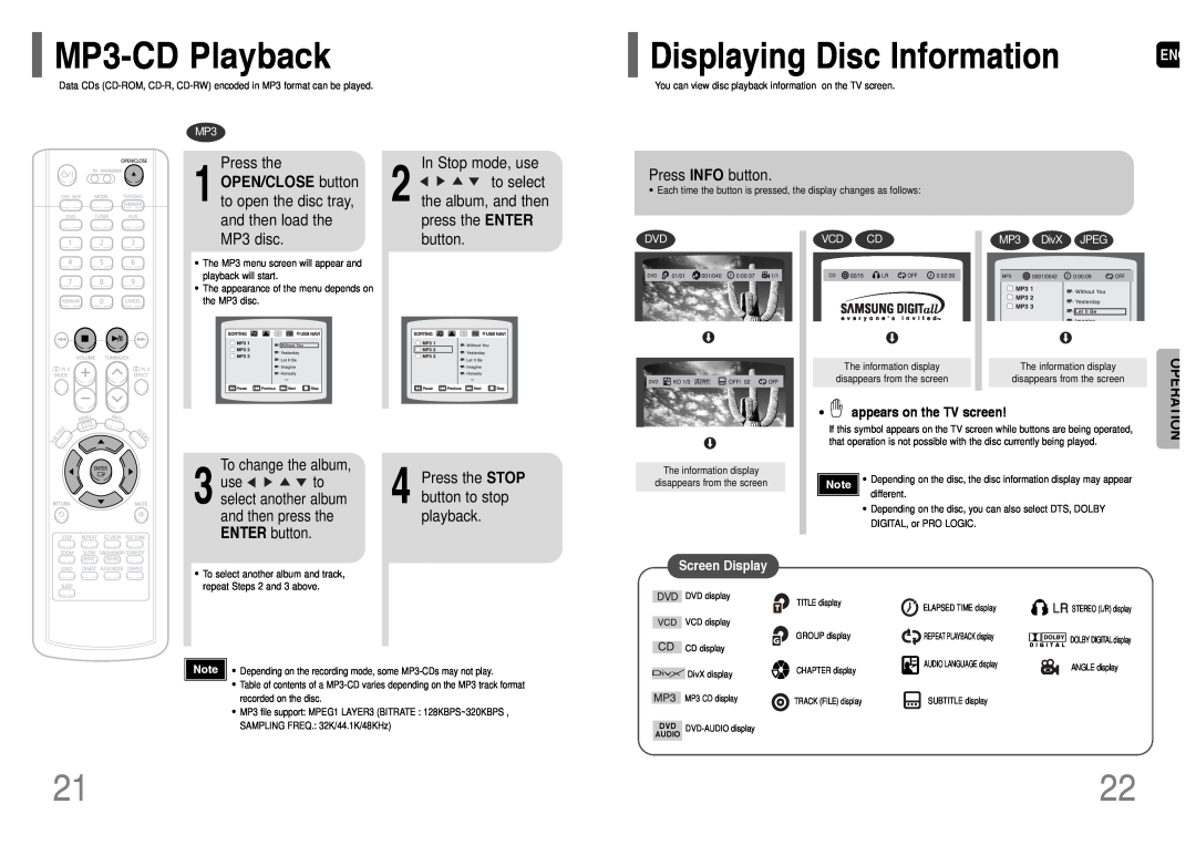 Samsung HT-P38 instruction manual MP3-CDPlayback, Displaying Disc Information, Operation 