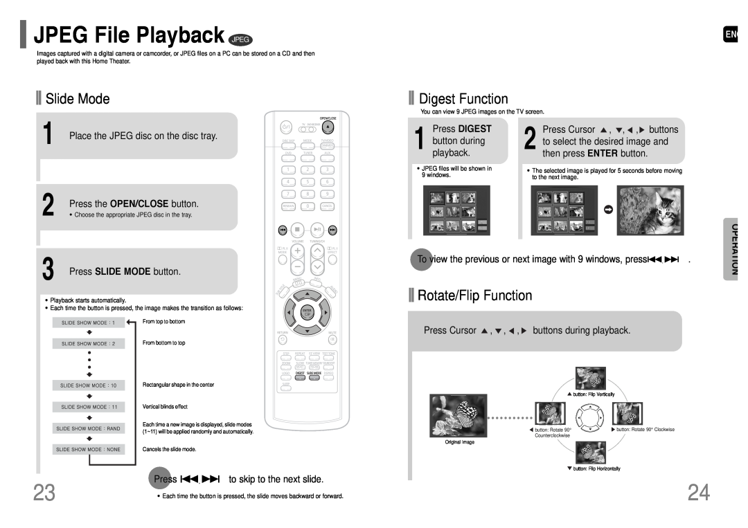 Samsung HT-P38 instruction manual JPEG File Playback JPEG, Slide Mode, Digest Function, Rotate/Flip Function, Operation 