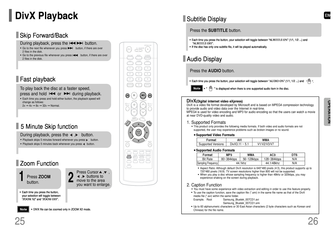 Samsung HT-P38 DivX Playback, Subtitle Display, Skip Forward/Back, Fast playback, Minute Skip function, Audio Display 