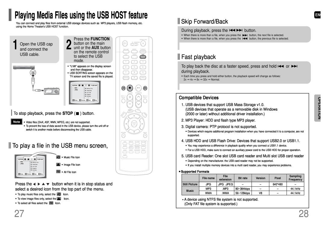 Samsung HT-P38 Playing Media Files using the USB HOST feature, To play a file in the USB menu screen, Compatible Devices 