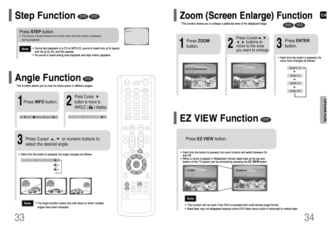 Samsung HT-P38 Step Function DVD VCD, Angle Function DVD, EZ VIEW Function DVD, Zoom Screen Enlarge Function ENG 