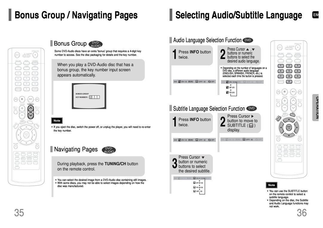 Samsung HT-P38 Bonus Group / Navigating Pages, Bonus Group DVD, Navigating Pages DVD, Selecting Audio/Subtitle Language 