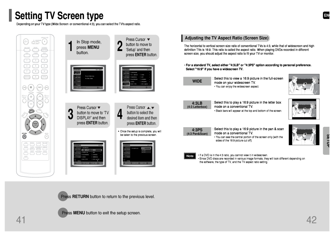 Samsung HT-P38 Setting TV Screen type, Setup, Adjusting the TV Aspect Ratio Screen Size, WIDE 4 3LB, 4 3PS, In Stop mode 